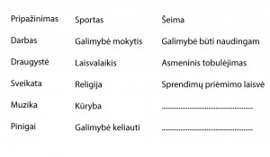 pripažinimas, darbas, draugystė, sveikata, muzika, pinigai, sportas, galimybė mokytis, laisvalaikis, religija, kūryba, galimybė keliauti, šeima, galimybė būti naudingam, asmeninis tobulėjimas, sprendimų priėmimo laisvė